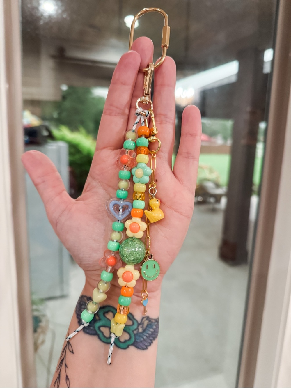 Beaded Charm Keychain with Flower & Smile Accents - Green & Yellow